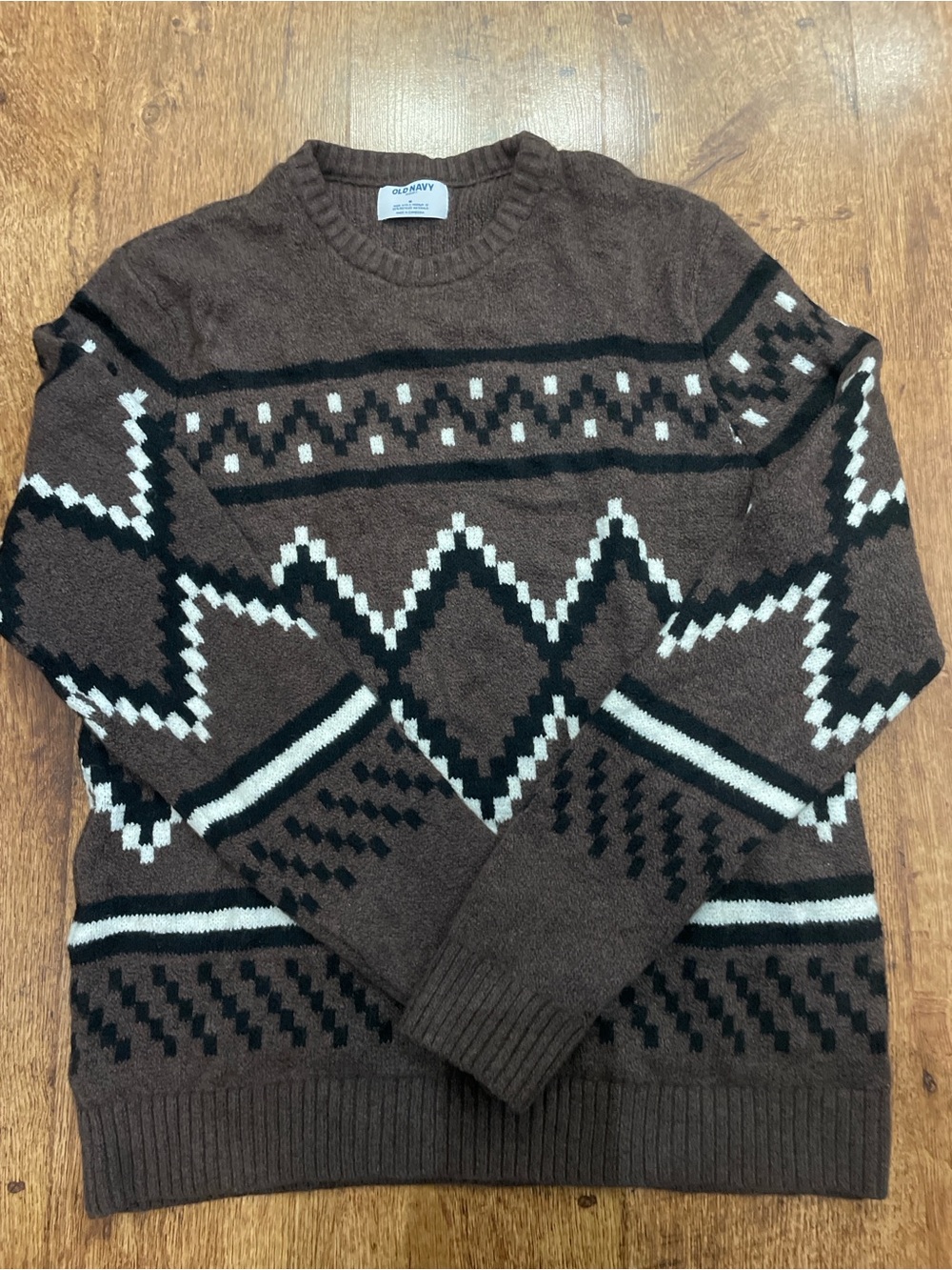 Old Navy Brown Crewneck Geometric Cozy Sweater Oversized Boyfriend Fit